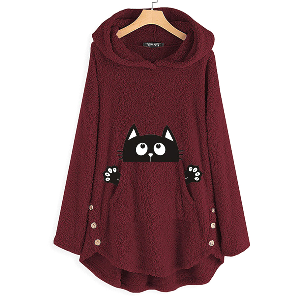 Cat Printed Terry Fleece Hoodies